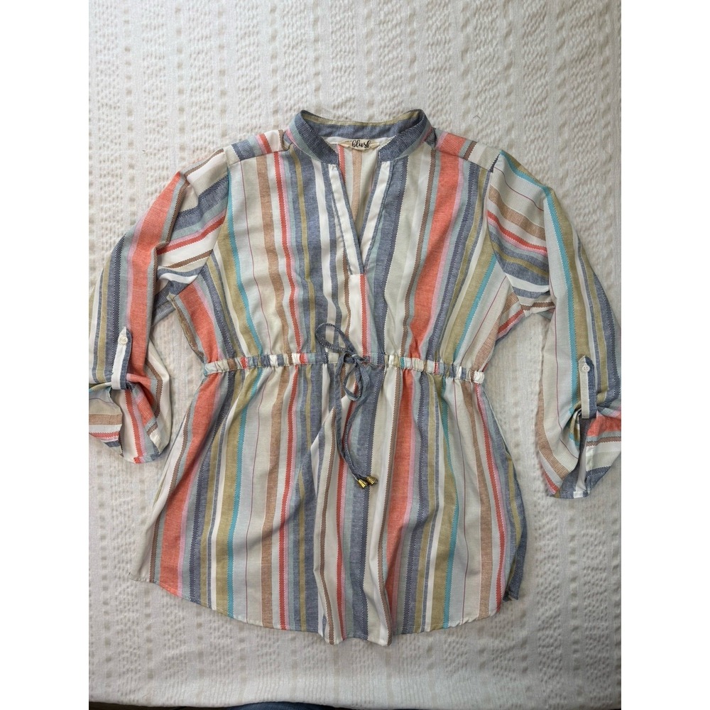 Hint of Blush Boho Striped Peasant Blouse Tie Waist Top Size L